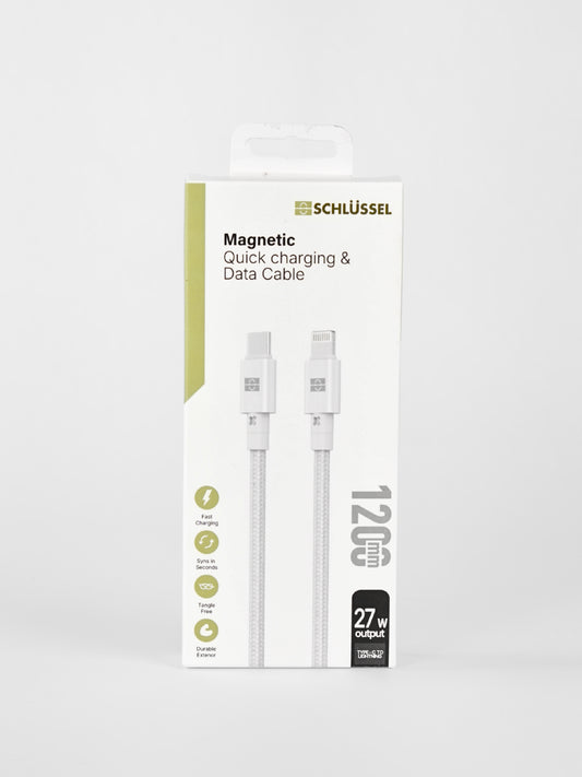 Product packaging box for the Schlüssel 27W magnetic USB-C to lighting quick charging and data cable, featuring a render of a white braided Type-C to lighting cable on a clean light gray background