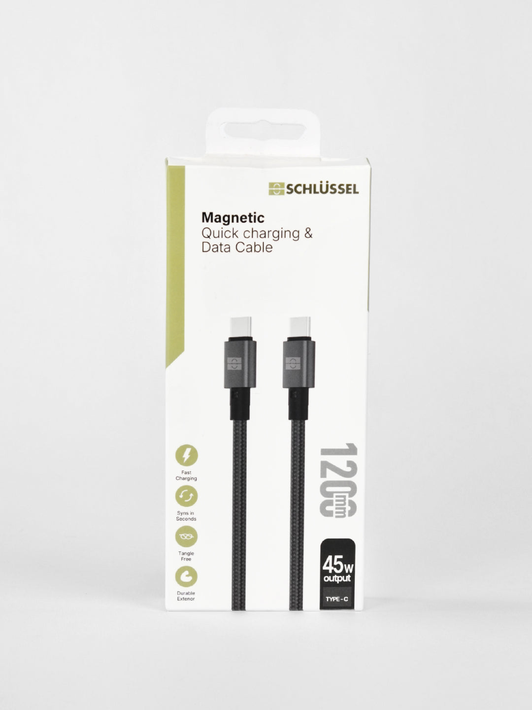 Product packaging box for the Schlüssel 45W magnetic USB-C quick charging and data cable, featuring a render of a dark gray braided Type-C cable on a clean light gray background